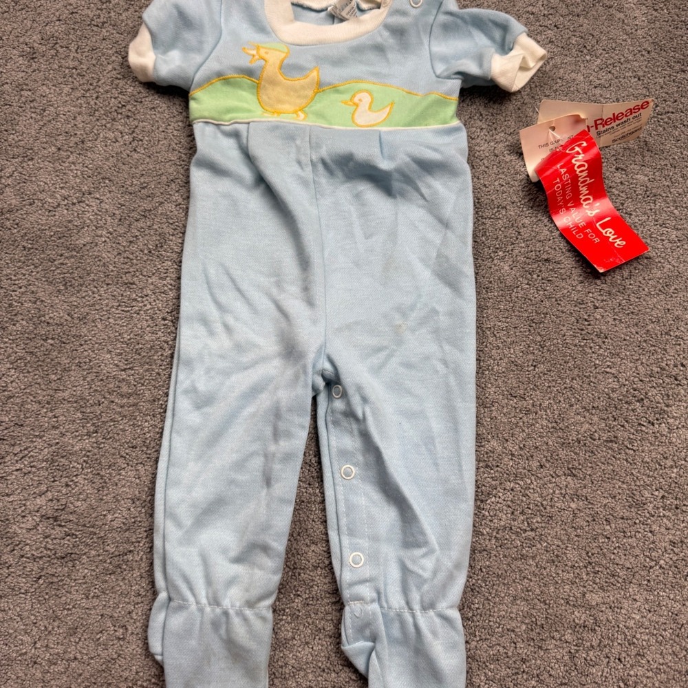 Vintage Baby Boy 6/9 Month Blue Romper Outfit Grandmas Love with Tags Ducks
